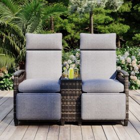 GO Patio Recliner Loveseat Chair, Adjustable Backrest Wicker Outdoor Lounge Chair Set with Acacia Wood Armrests and Built-in Storage Table for Balcony