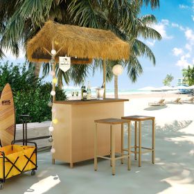 GO Hawaiian-style Bar Height Patio Set with PE Grass Canopy, Outdoor Bar Table and Stools with Adjustable Feet, Acacia Wood Top