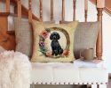 Black Poodle and Flowers Throw Pillow Machine Washable, Indoor Outdoor Decorative Pillow for Couch, Bed or Patio, 14Hx14W