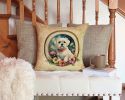 Maltese and Flowers Throw Pillow Machine Washable, Indoor Outdoor Decorative Pillow for Couch, Bed or Patio, 14Hx14W