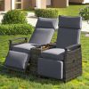 GO Patio Recliner Loveseat Chair, Adjustable Backrest Wicker Outdoor Lounge Chair Set with Acacia Wood Armrests and Built-in Storage Table for Balcony