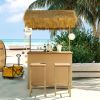 GO Hawaiian-style Bar Height Patio Set with PE Grass Canopy, Outdoor Bar Table and Stools with Adjustable Feet, Acacia Wood Top
