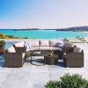 GO 9-Pieces Outdoor Half-moon Patio Sofa Set, Round Sofa Set, Modern Style Sofa, Brown Wicker, Beige Cushion