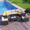 GO 9-Pieces Outdoor Half-moon Patio Sofa Set, Round Sofa Set, Modern Style Sofa, Brown Wicker, Beige Cushion