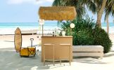 GO Hawaiian-style Bar Height Patio Set with PE Grass Canopy, Outdoor Bar Table and Stools with Adjustable Feet, Acacia Wood Top