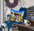 Boxer in Sunflowers Throw Pillow Machine Washable, Indoor Outdoor Decorative Pillow for Couch, Bed or Patio, 18Hx18W