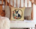 Boston Terrier and Flowers Throw Pillow Machine Washable, Indoor Outdoor Decorative Pillow for Couch, Bed or Patio, 14Hx14W