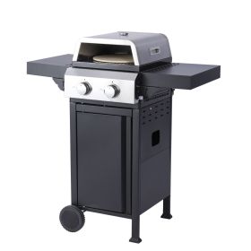2-Burner Propane Gas BBQ Grill, Pizza Box, 24600BTU Output With Wire Enamel Cooking Grids For Outdoor Barbecue, Foldable Side Table, Hanging Basket