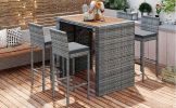 5-pieces Outdoor Patio Wicker Bar Set, Bar Height Chairs With Non-Slip Feet And Fixed Rope, Removable Cushion, Acacia Wood Table Top