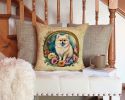 Pomeranian and Flowers Throw Pillow Machine Washable, Indoor Outdoor Decorative Pillow for Couch, Bed or Patio, 14Hx14W
