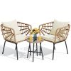 3-Piece Beige Outdoor Patio Furniture Wicker Bistro Set, With 2 Chairs and Coffee Table, Cushions and Lumbar Pillows