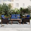GO 4-Piece Garden Furniture, Patio Seating Set, PE Rattan Outdoor Sofa Set, Wood Table and Legs, Brown and Blue
