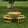 Outdoor 6 Person Picnic Table, 6 person Round Picnic Table with 3 Built-in Benches, Umbrella Hole, Outside Table and Bench Set for Garden, Backyard