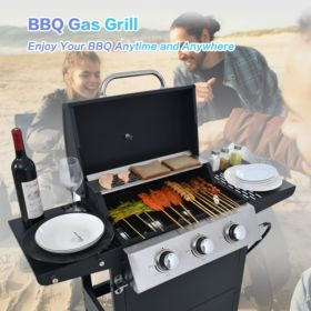 Propane Gas Grill 3 Burner Barbecue Grill, Stainless Steel 26,000 BTU Patio Garden Barbecue Grill with Two Shelves, Lid, Wheels and Bottle Opener (Grill Body Material: Iron)