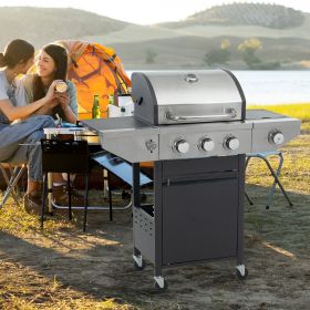 Propane Grill 3 Burner Barbecue Grill Stainless Steel Gas Grill with Side Burner, 37,000 BTU Outdoor Cooking, Patio, Garden Barbecue Grill (Main Material: Stainless Steel, Main Color: Black)