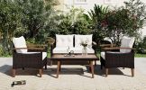 GO 4-Piece Garden Furniture, Patio Seating Set, PE Rattan Outdoor Sofa Set, Wood Table and Legs, Brown and Beige